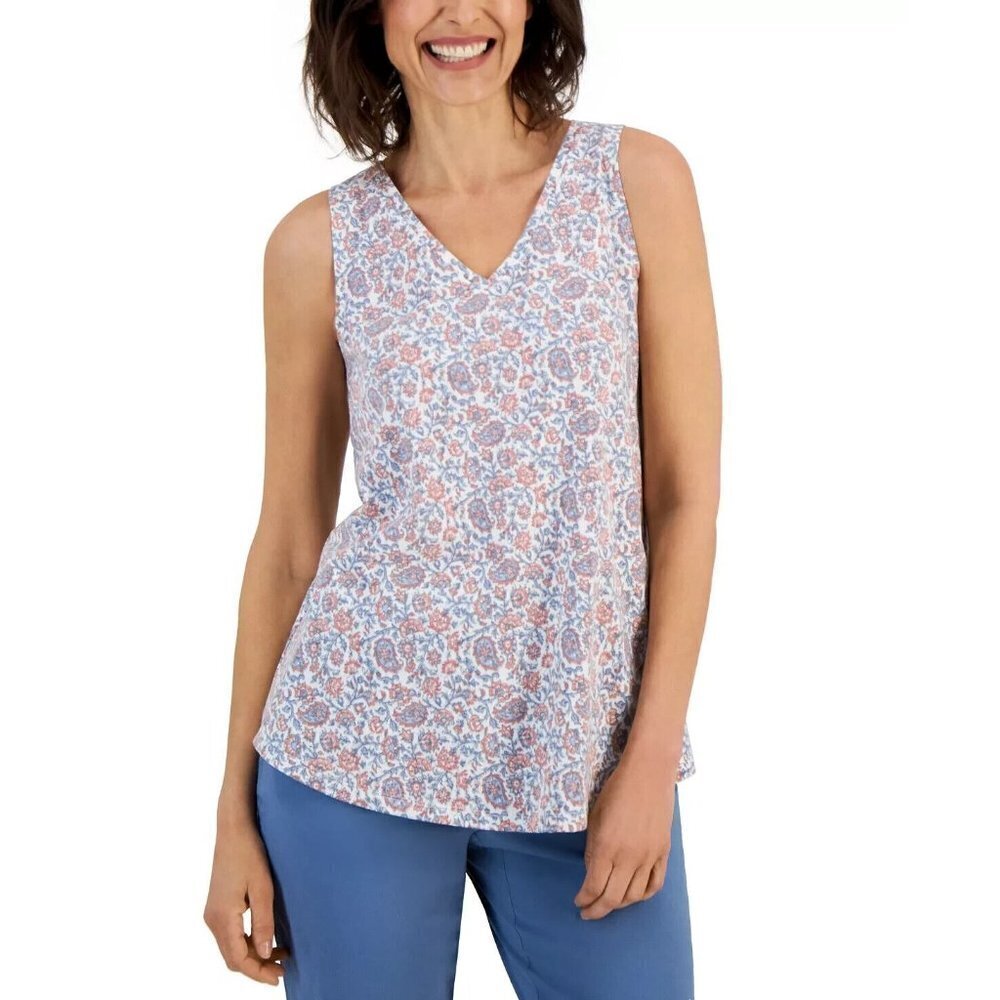 STYLE & CO Women's Printed V-Neck Tank Top White Paisley Floral Size Med…